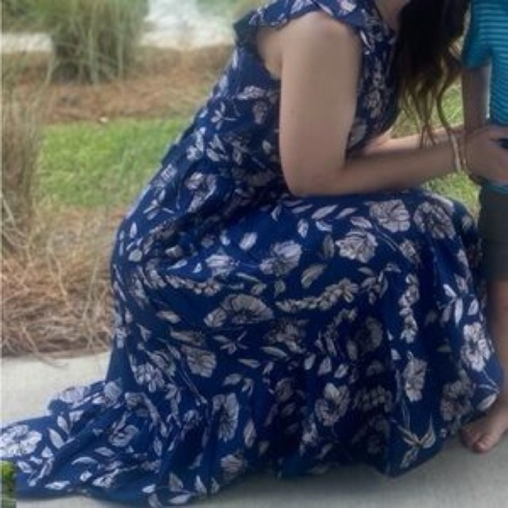 ROLLER RABBIT Floral Blue Short Sleeve Ruffle Maxi Dress